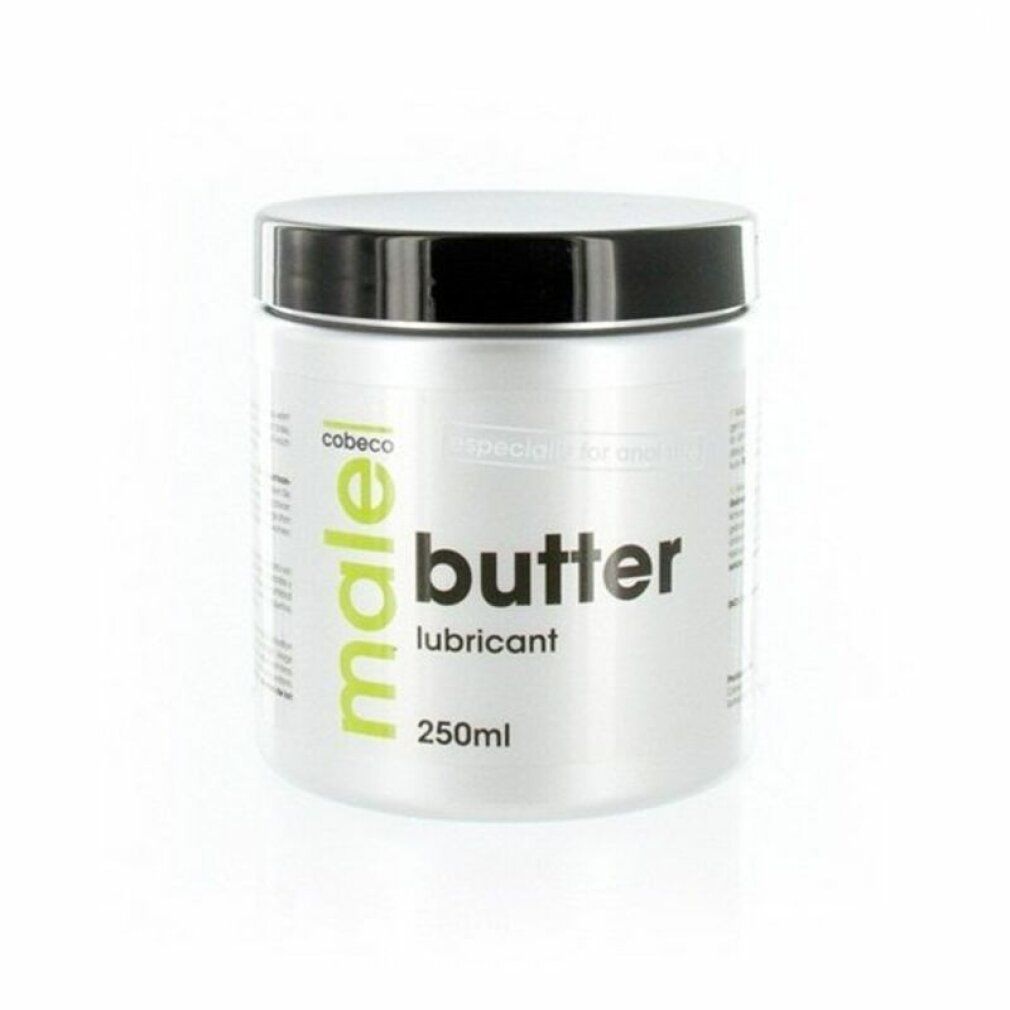 Zilveren pot met wit etiket, 'male butter lubricant 250ml' en 'cobeco' opdruk.