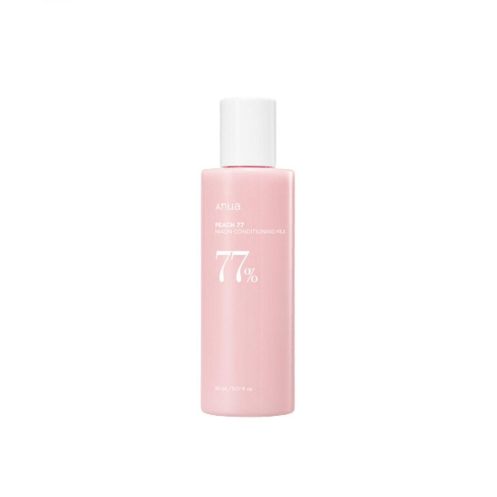 Une bouteille rose pâle avec un bouchon blanc, contenant le produit 'Peach 77% Niacin Conditioning Milk'.