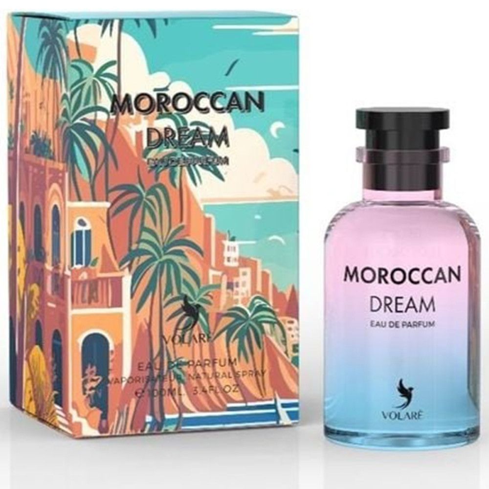 Parfumfles en verpakking. Fles met kleurverloop. Opschrift: Moroccan Dream Eau de Parfum. Verpakking met landschapsmotief.