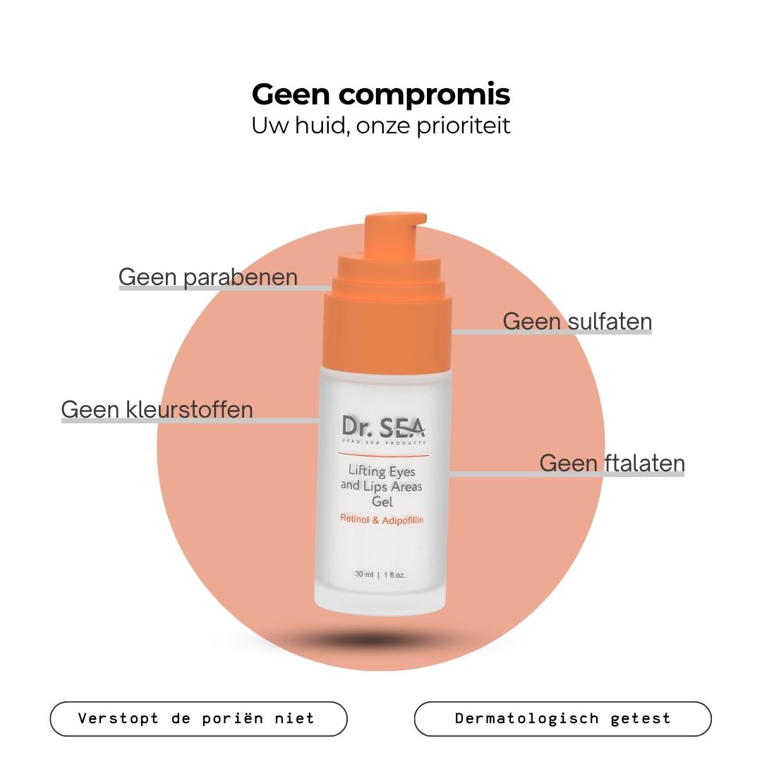 Gelfles met oranje pomp. Tekst: Dr. SEA, Lifting Eyes and Lips Areas Gel. Zonder parabenen, sulfaten, kleurstoffen, ftalaten.