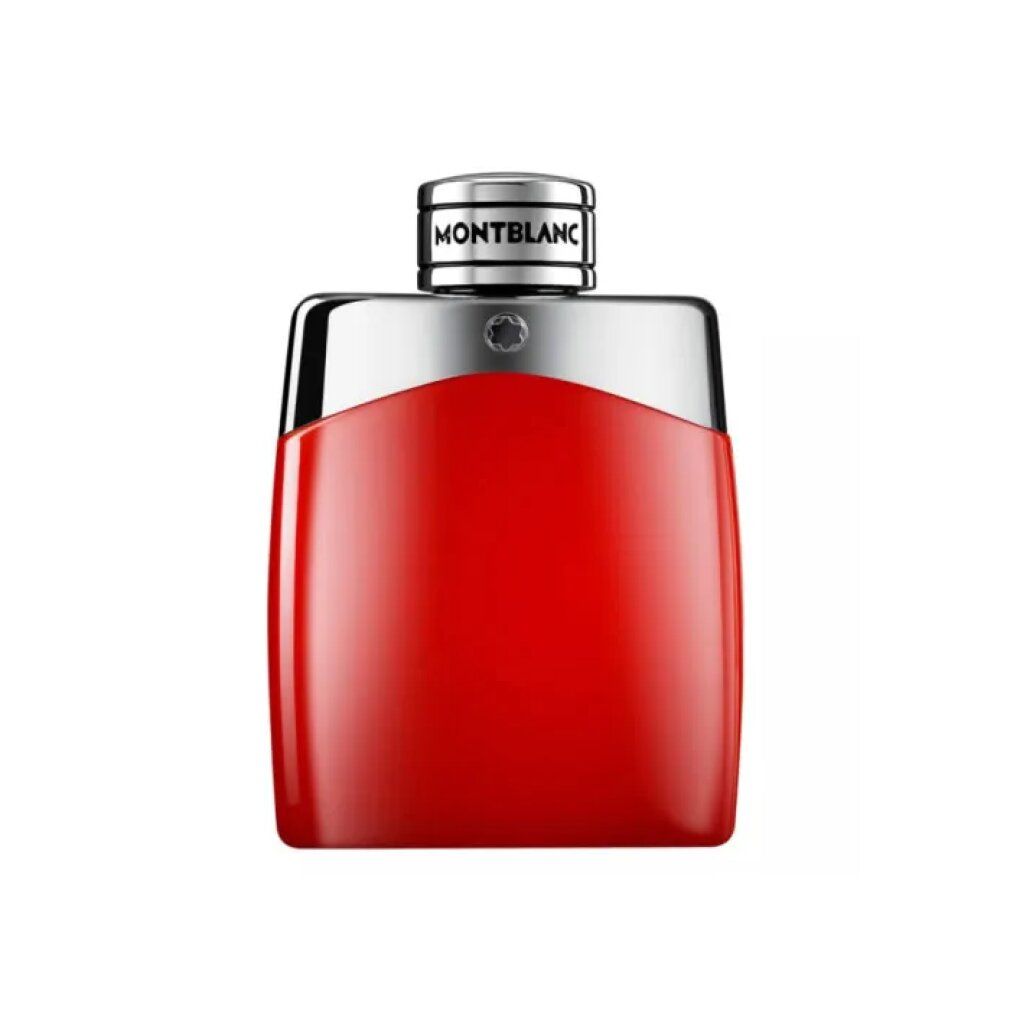 Rode fles met zilveren dop. Opschrift MONTBLANC. Fles in rechthoekige vorm met afgeronde hoeken.
