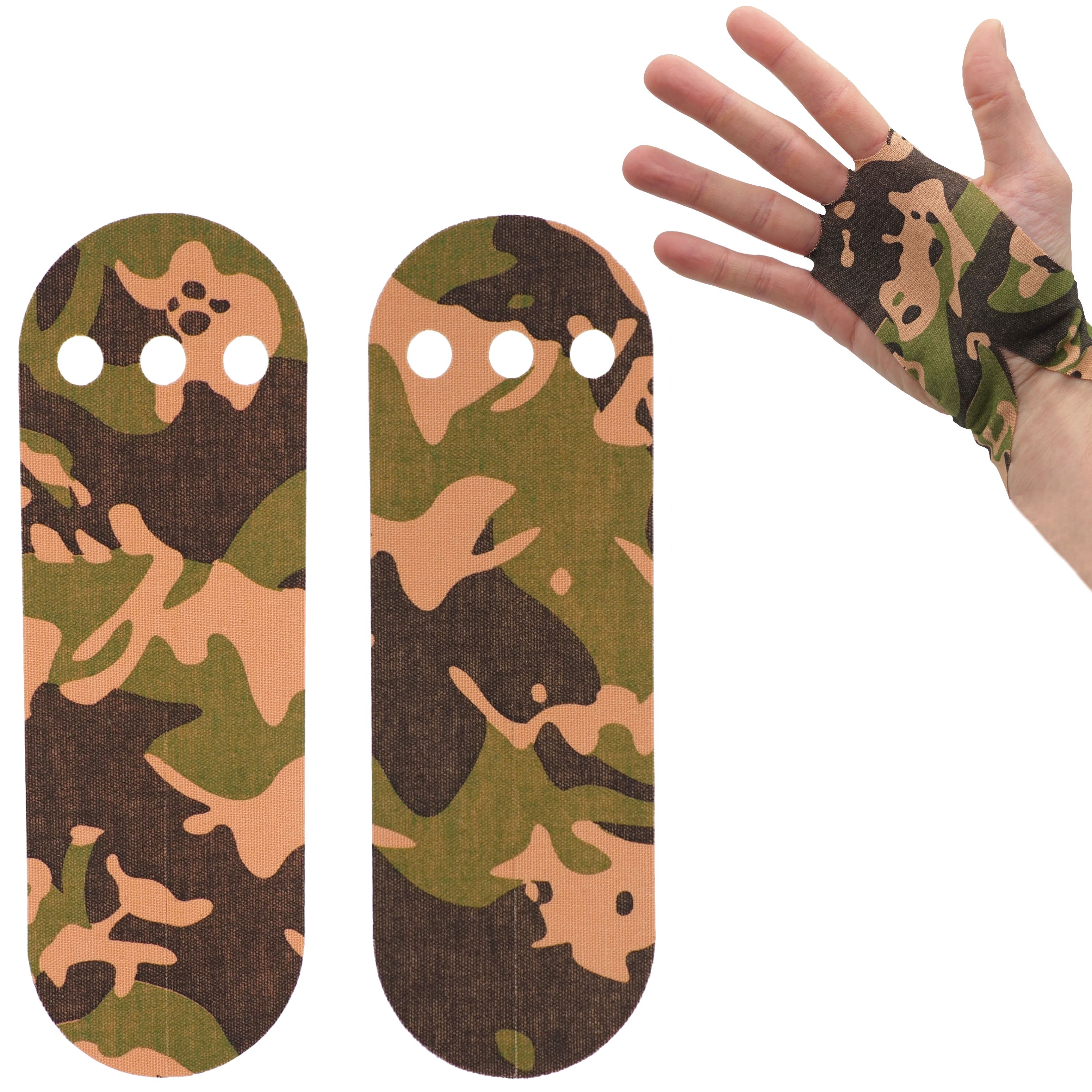 Deux bandes adhésives pour mains, motif camouflage, avec trois trous pour les doigts.
