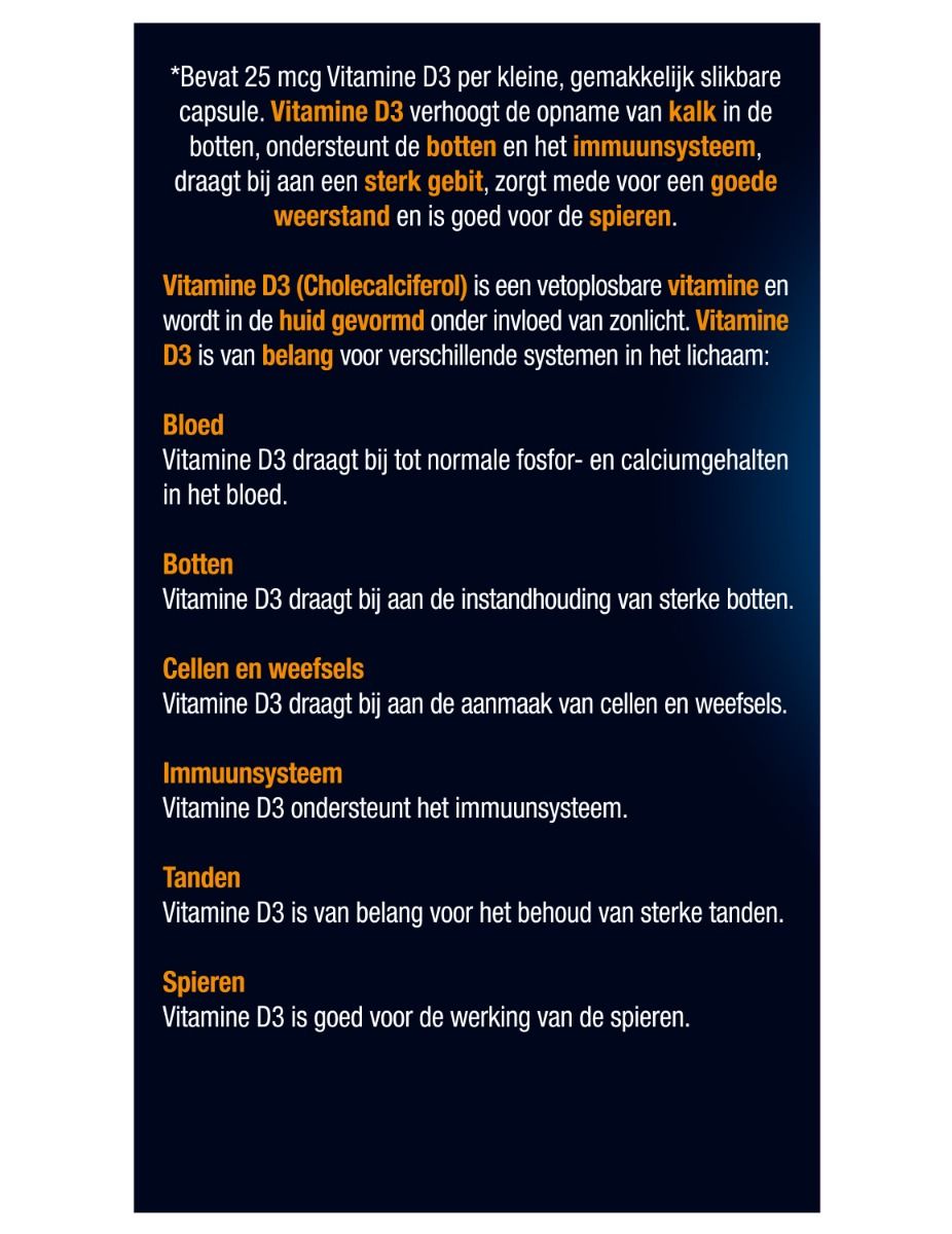 Tekst op de verpakking van Lucovitaal Vitamine D3. Beschrijft de voordelen van vitamine D3 voor het lichaam. Tekst in het Nederlands.