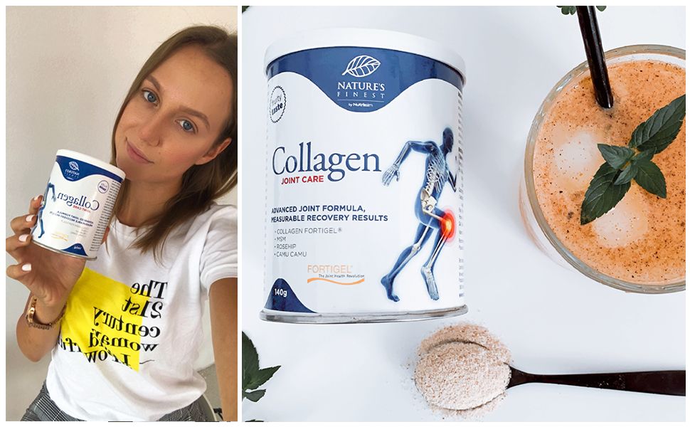 Femme tenant une boîte de Nature's Finest Collagen JointCare. À côté, un verre avec une boisson et une cuillère de poudre. Note jaune.
