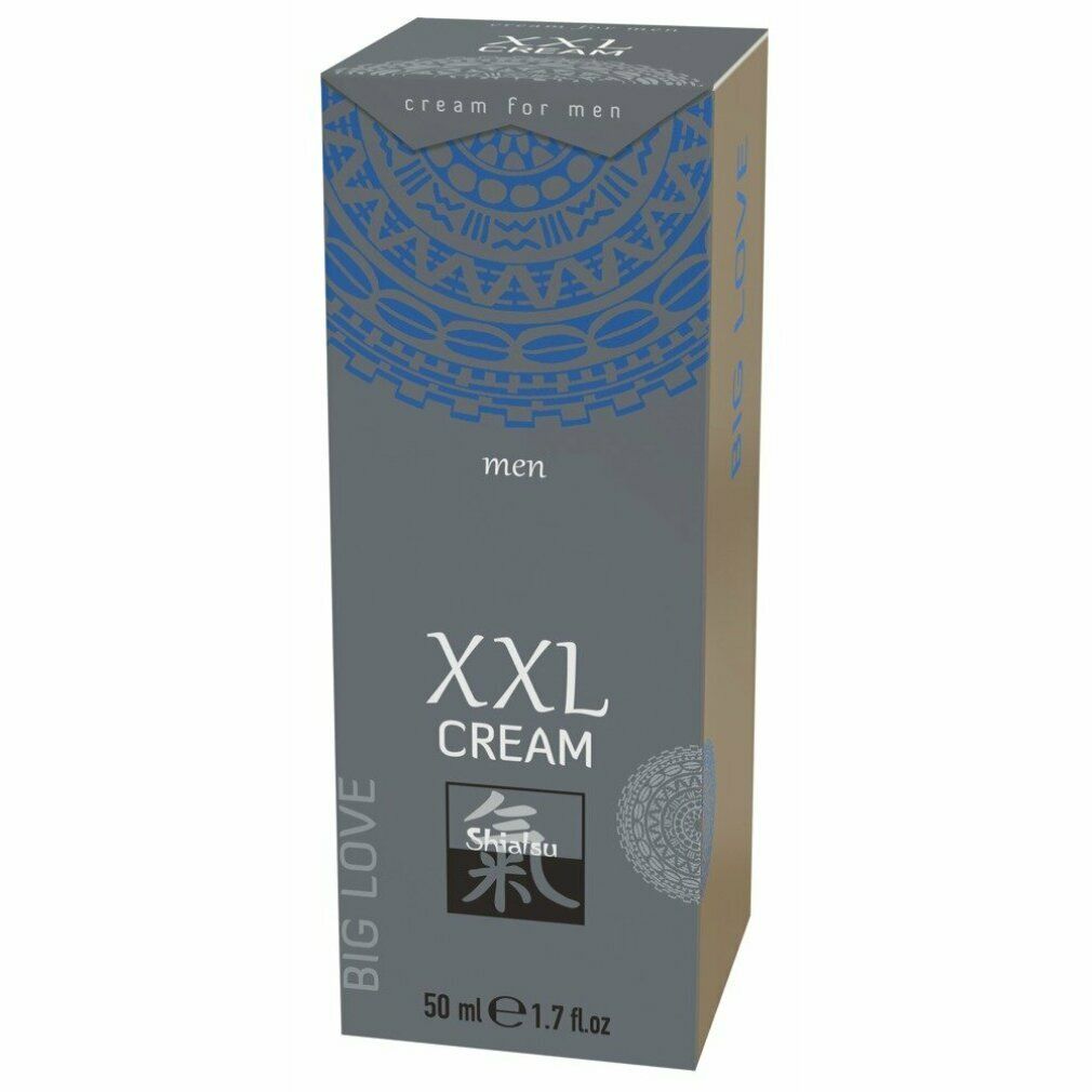 Grijze doos met "XXL CREAM", "men" en logo. Patroon boven. 50 ml / 1.7 fl.oz. "cream for men" bovenaan.