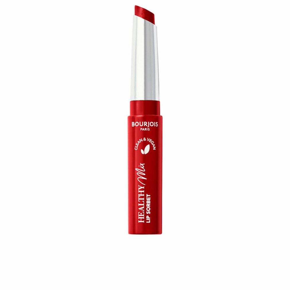 Rouge à lèvres rouge, pointe ouverte, applicateur argenté, inscription Healthy Mix Lip Sorbet et Bourjois Paris. Vegan.