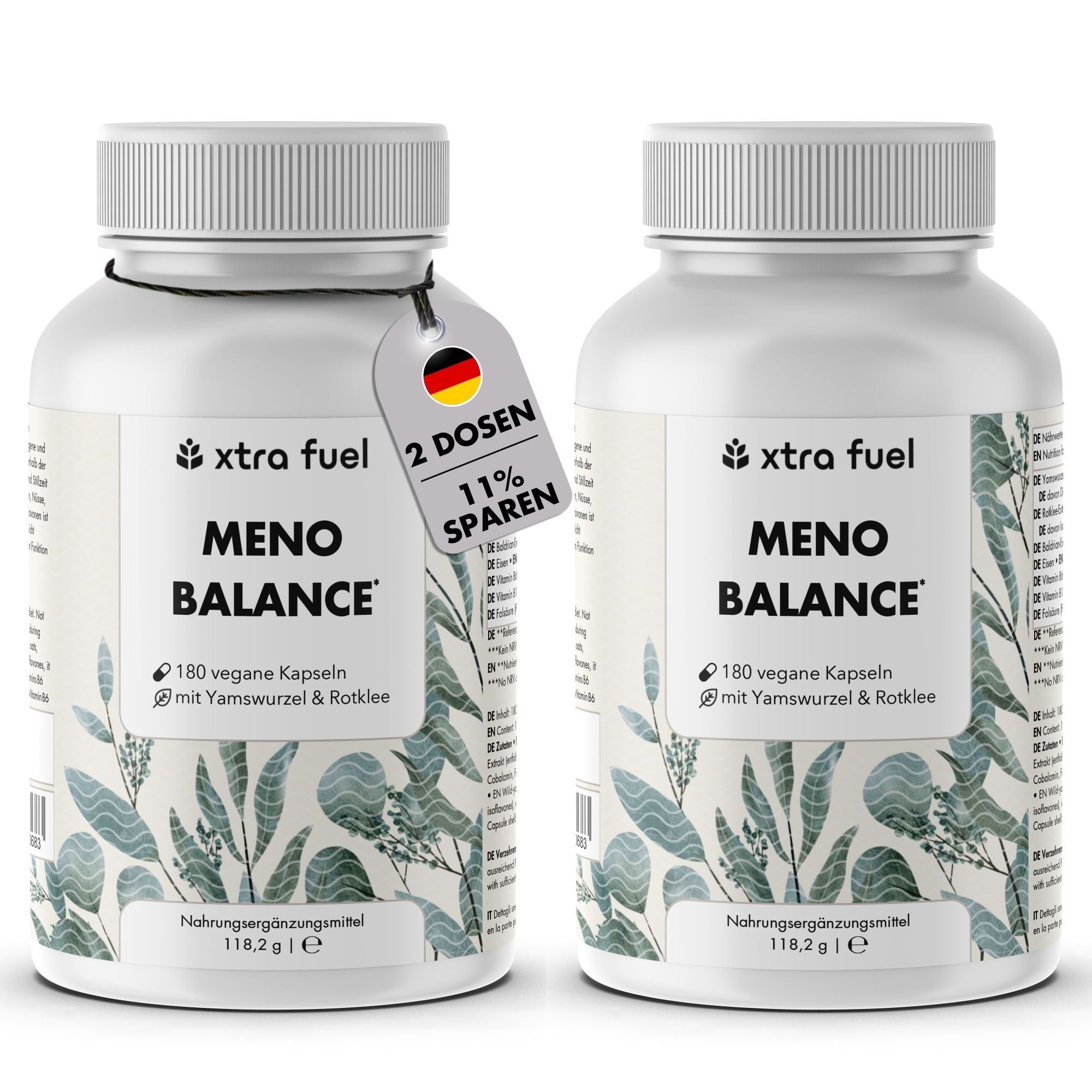 Twee witte flessen met capsules. Opschrift: Meno Balance, xtra fuel. Label: 2 dozen, 11% korting.
