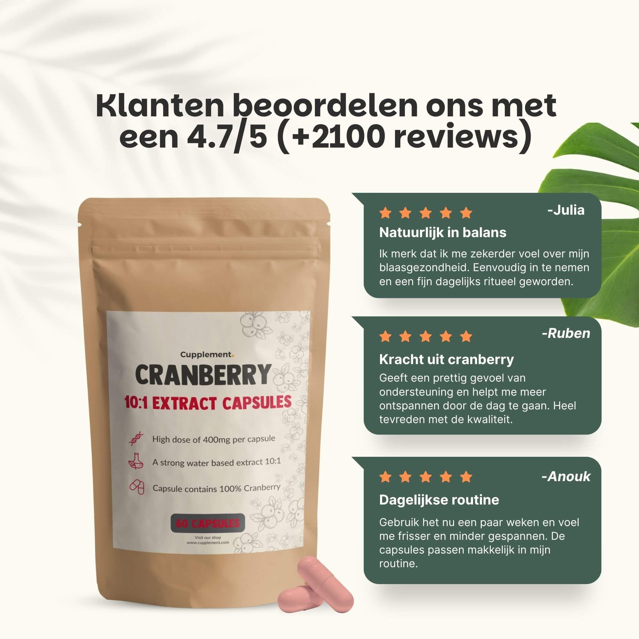 Zakje met cranberry capsules. Tekst: Cranberry 10:1 Extract Capsules. 4,7/5 sterren beoordeling. 2100+ beoordelingen. Rode capsules ernaast.
