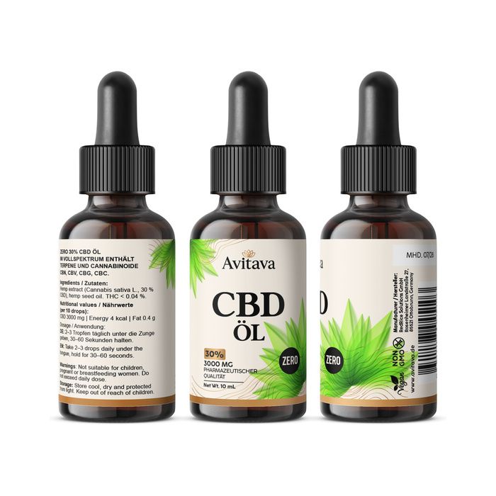 Trois bouteilles d'huile CBD Avitava avec pipettes. 30% CBD, 3000 mg, qualité pharmaceutique.