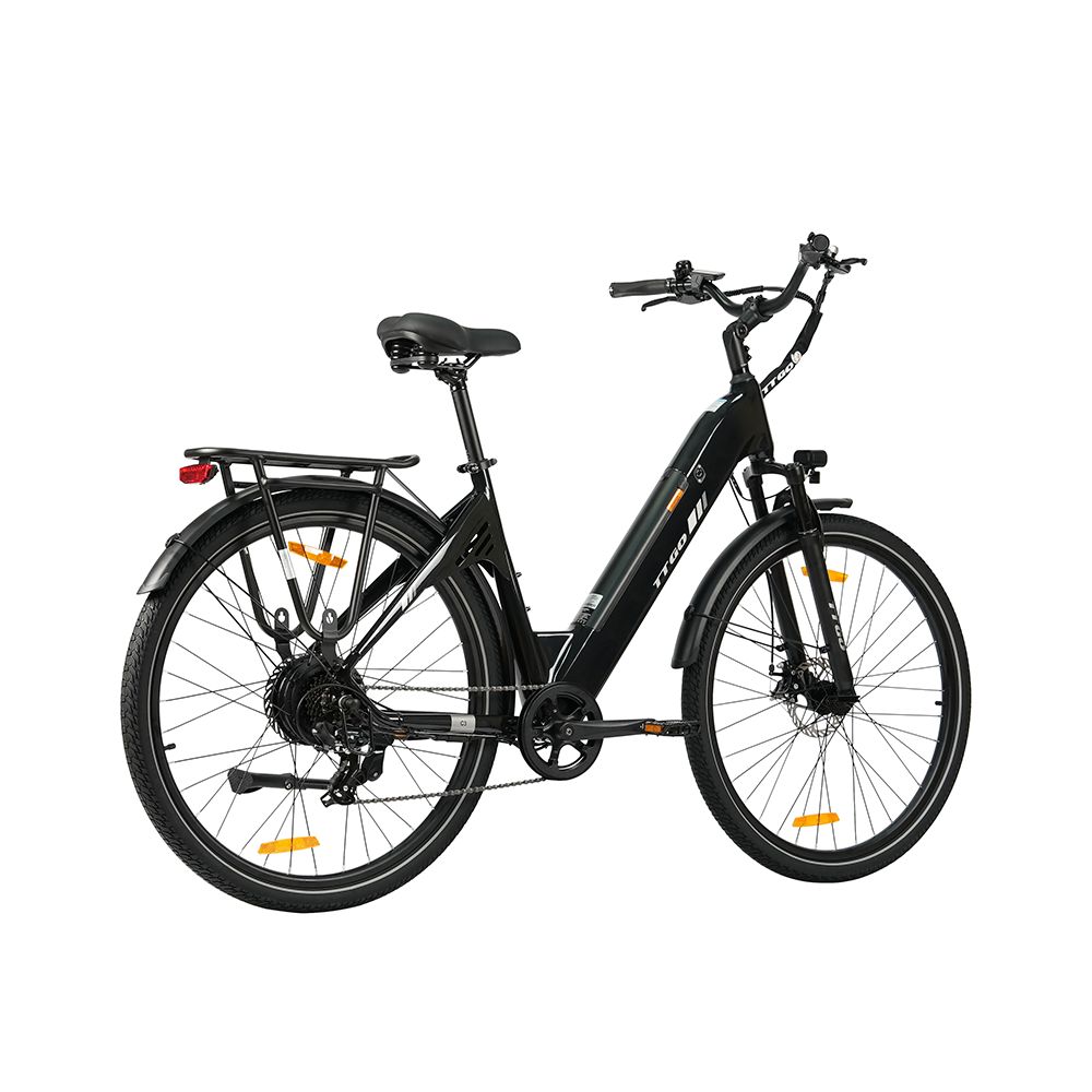 Vélo électrique noir avec porte-bagages, garde-boue et éclairage. TTGO C3 SE.