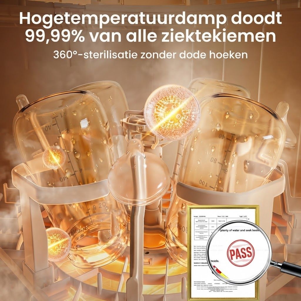 Sterilisator met meerdere flessenhouders, stoom en certificaat met "PASS"-zegel.