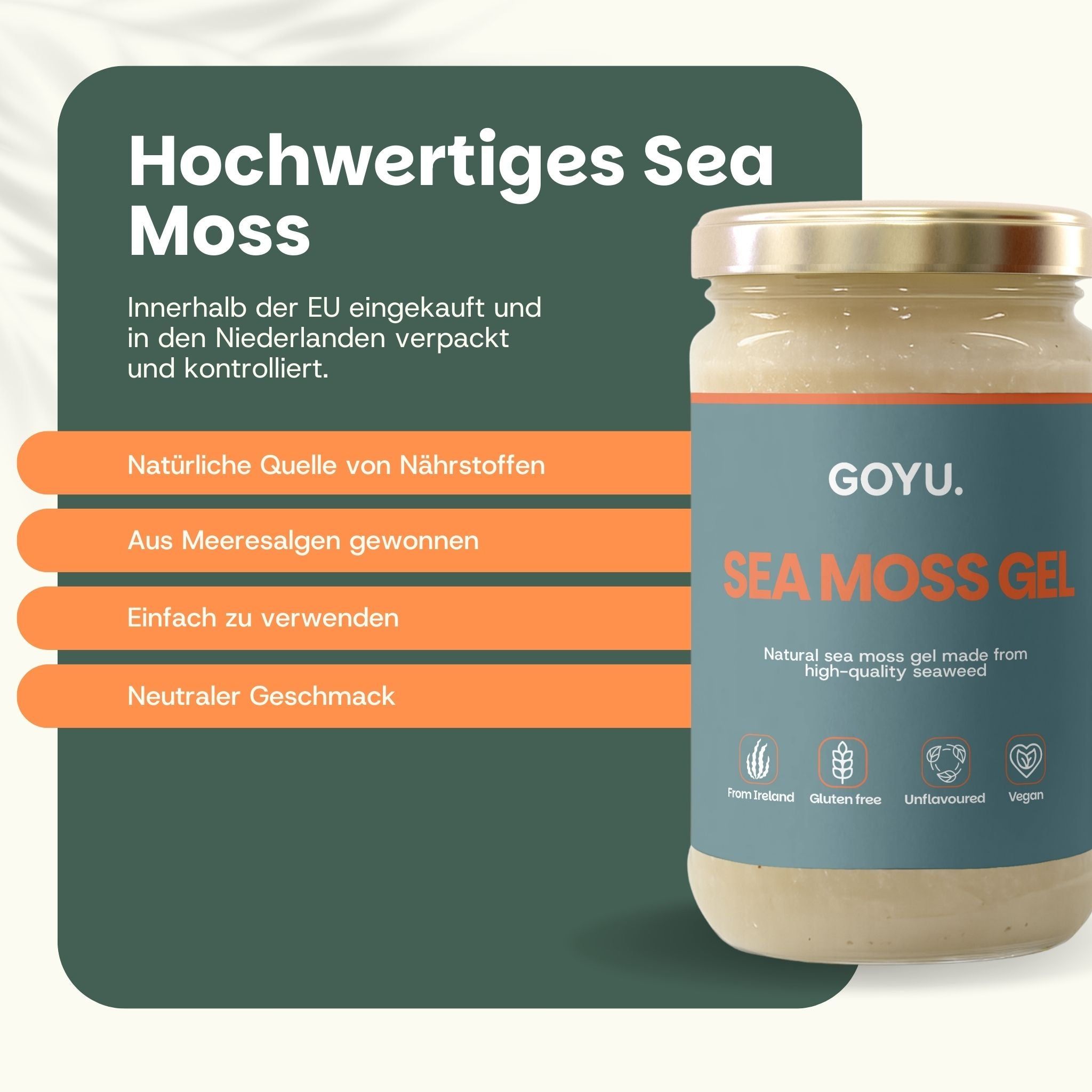GOYU Sea Moss Gel dans un bocal à couvercle doré. À gauche, les avantages tels que 'Source naturelle de nutriments' sont listés.