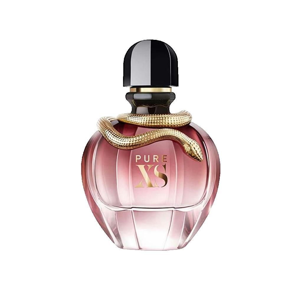 Roze-violet parfumflesje, zwarte dop, gouden slang. Opschrift: PURE XS.