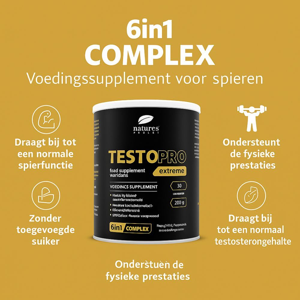 Pot TestoPRO Extreme met Nederlandse tekst. Opschrift: 6in1 COMPLEX, 200 g, 30 porties.