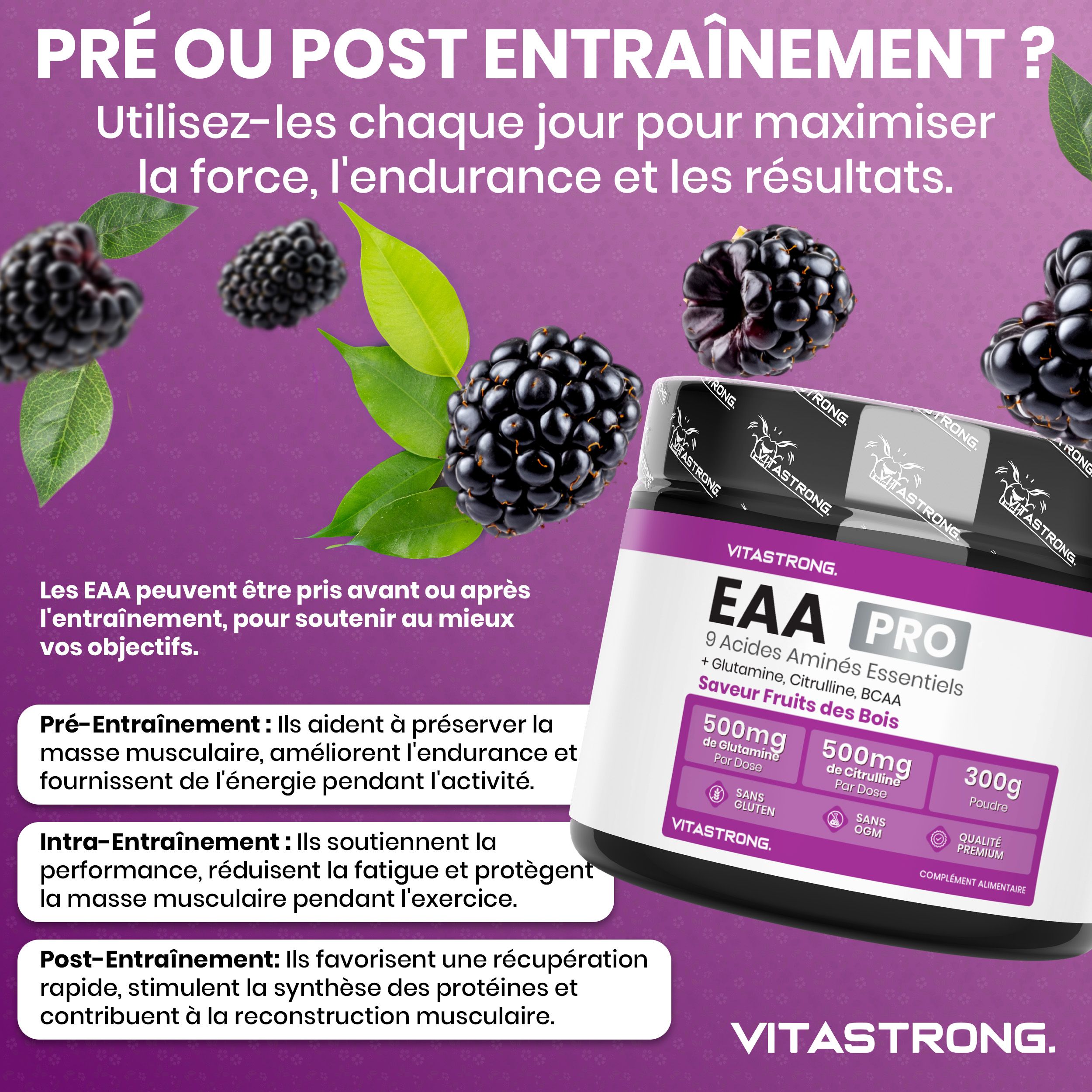Vitastrong EAA Pro, pot. 300g poeder. 9 essentiële aminozuren. Bessensmaak. Glutenvrij, geen GMO. Met BCAA.