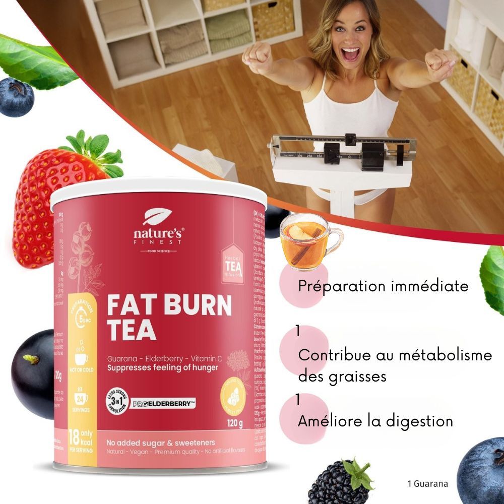 Boîte rouge "FAT BURN TEA" avec texte. Contient guarana, sureau, vitamine C. 120g. 24 portions. Femme sur balance.