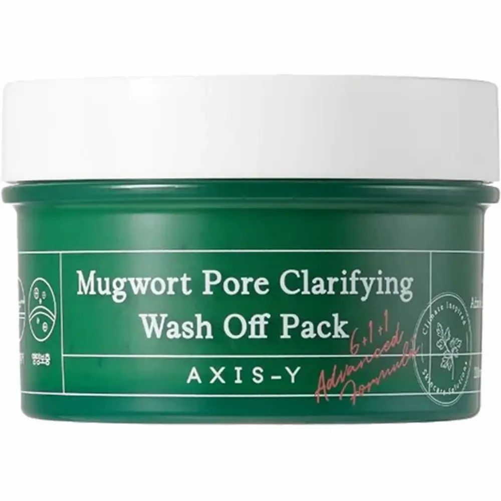 Groene pot met witte deksel. Opschrift: Mugwort Pore Clarifying Wash Off Pack. Merk: AXIS-Y. Spatel ernaast.