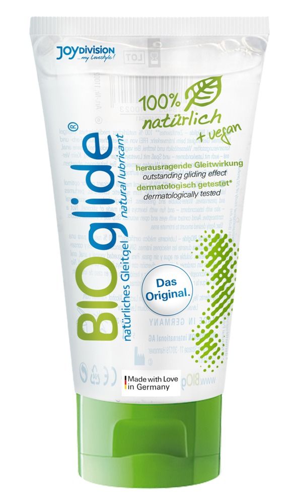 Tube de gel lubrifiant BIOglide, 100% naturel + vegan, testé dermatologiquement.