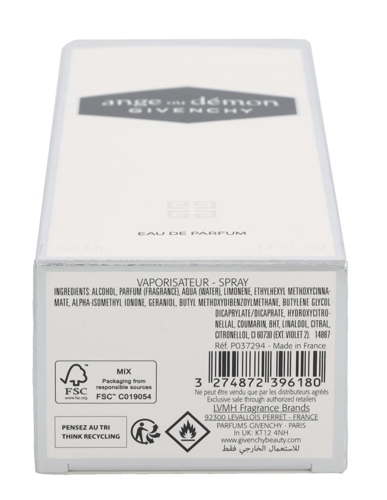 Onderkant van de Givenchy Ange ou Démon EDP verpakking. Tekst: ingrediënten, FSC-certificering, waarschuwingen, recycling.
