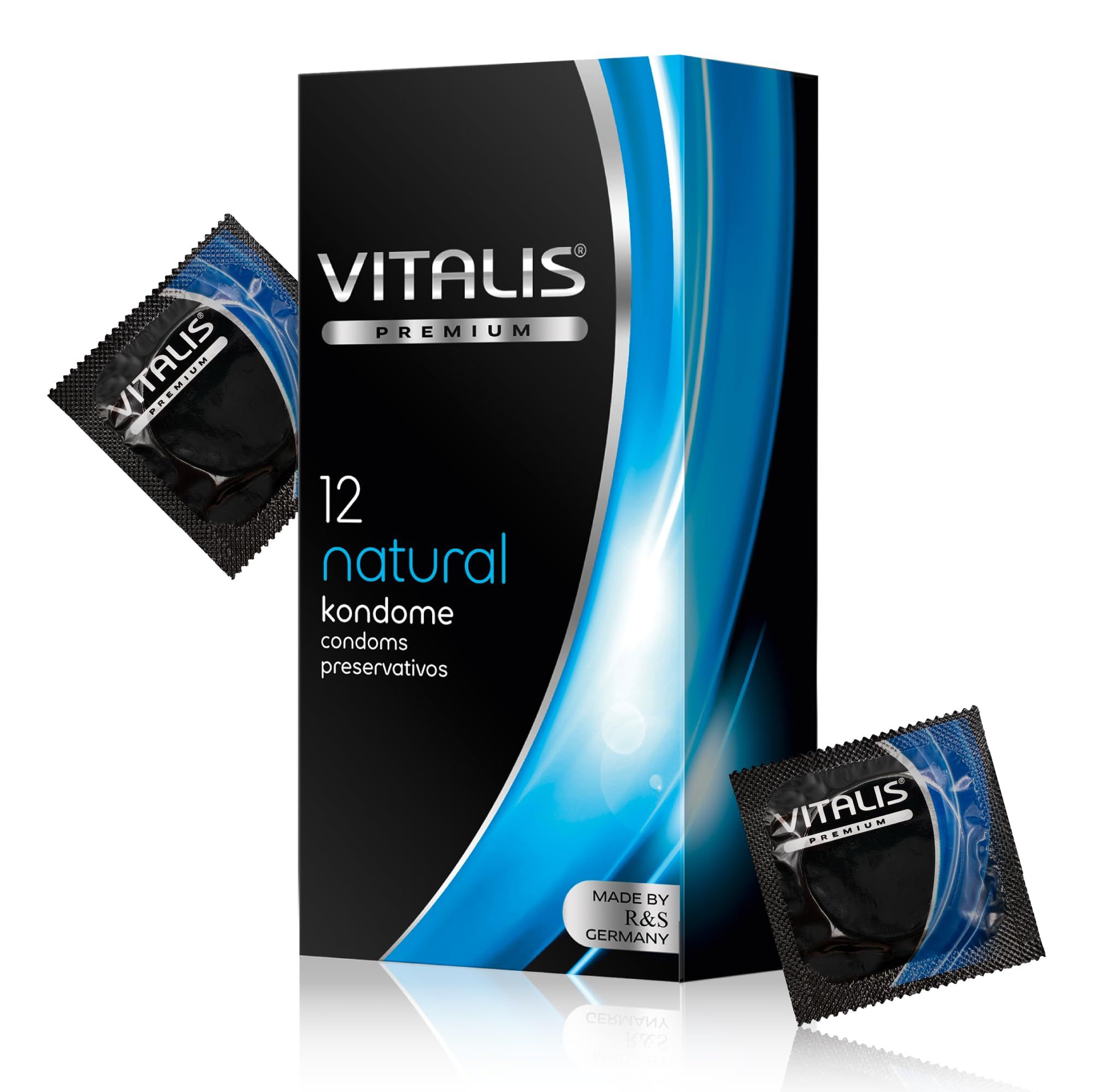 Vitalis Premium Natural condooms, 12 stuks. Twee individueel verpakte condooms naast de doos.