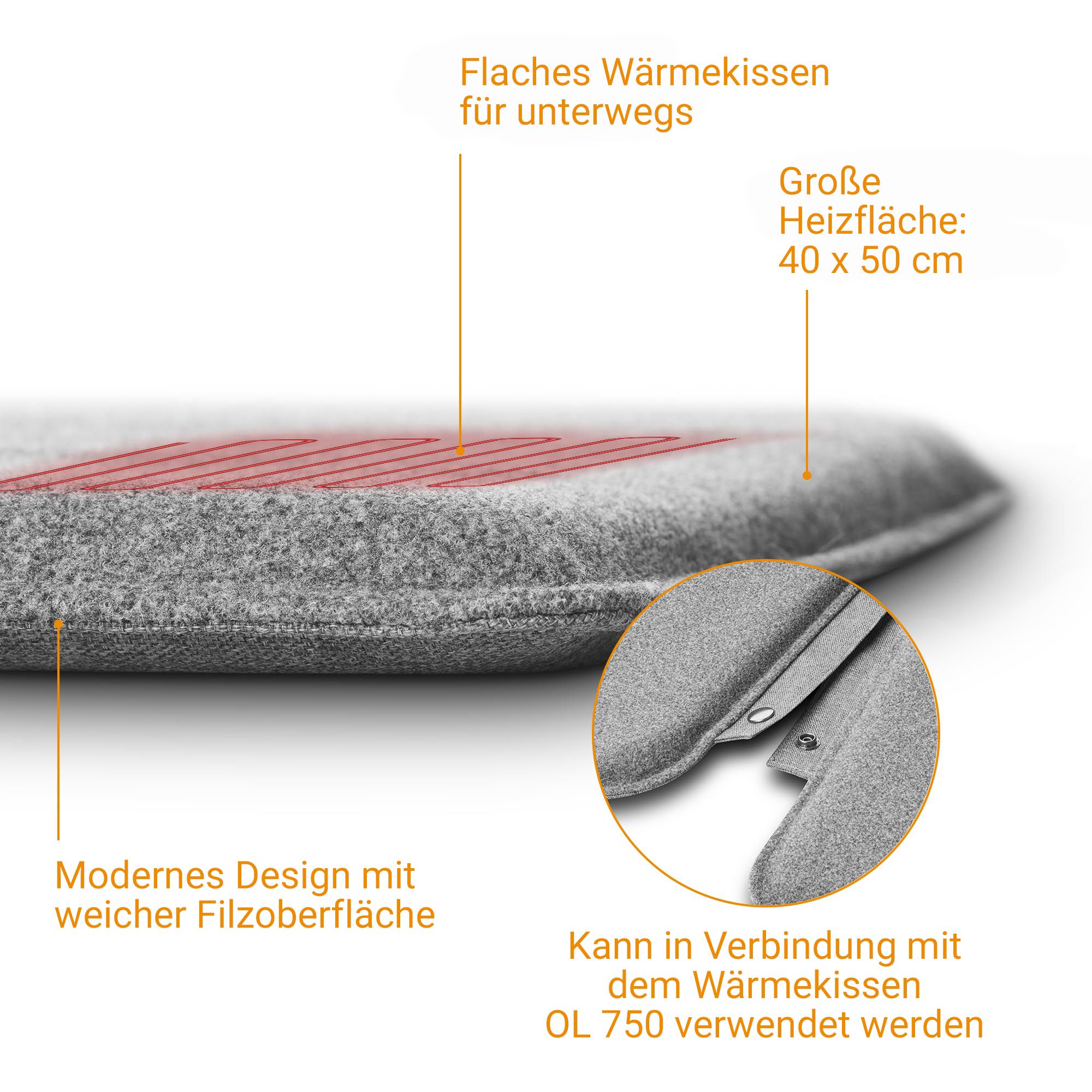 Coussin chauffant gris avec surface en feutre doux et symboles d'éléments chauffants rouges.
