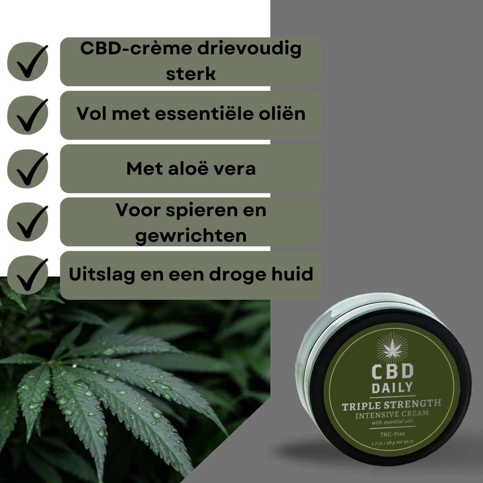 Potje crème en cannabisblad. Tekst: CBD-crème drievoudig sterk, vol met essentiële oliën, met aloë vera.