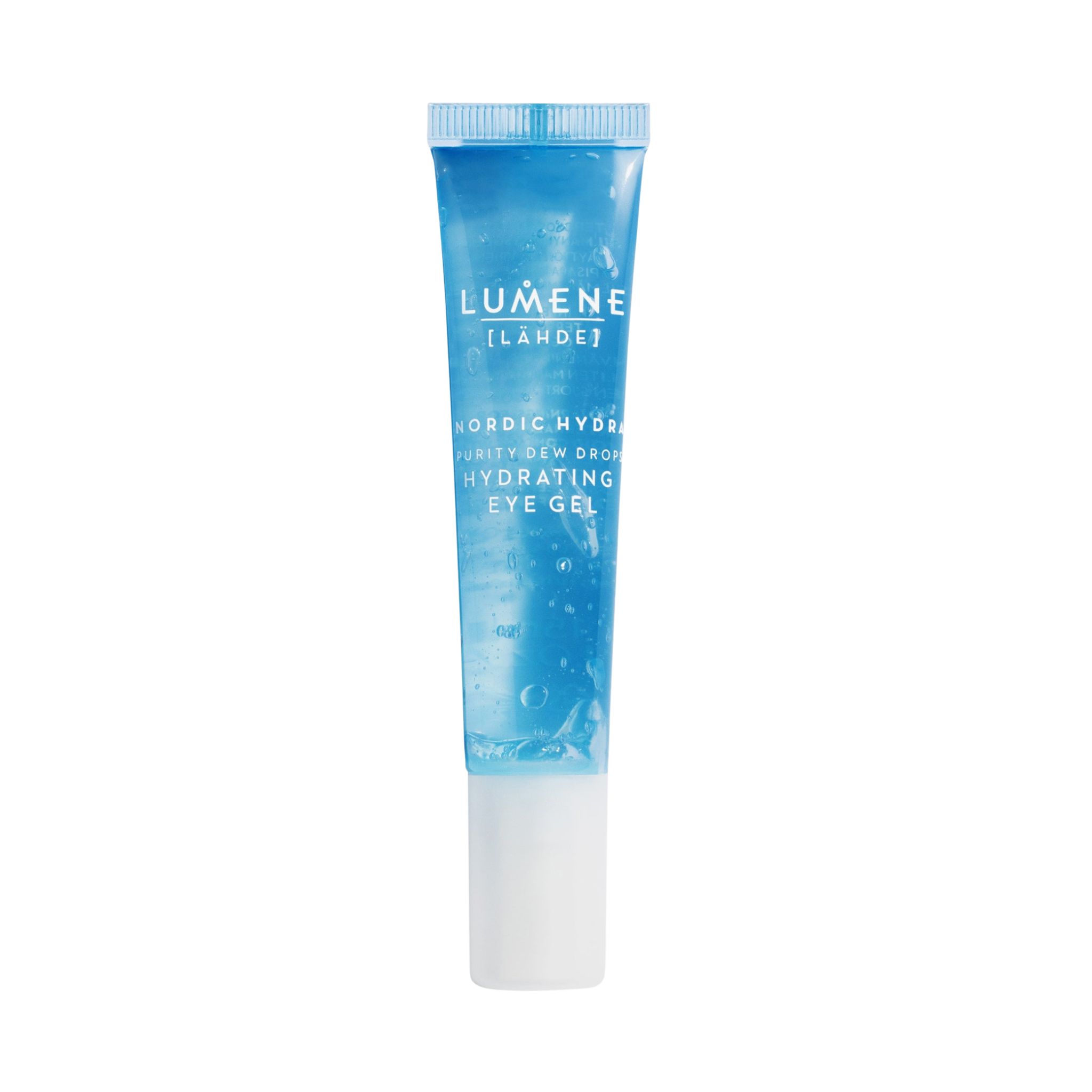Tube bleu transparent avec bouchon blanc. Inscription : Lumene [LAHDE] Nordic Hydra Purity Dew Drops Hydrating Eye Gel.