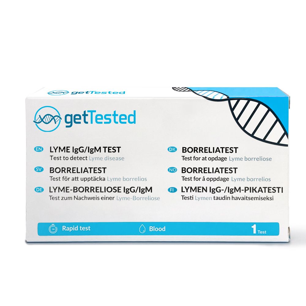 Boîte de test GetTested Borreliose. Contient un test pour détecter la maladie de Lyme. Avec logo, texte et symboles.