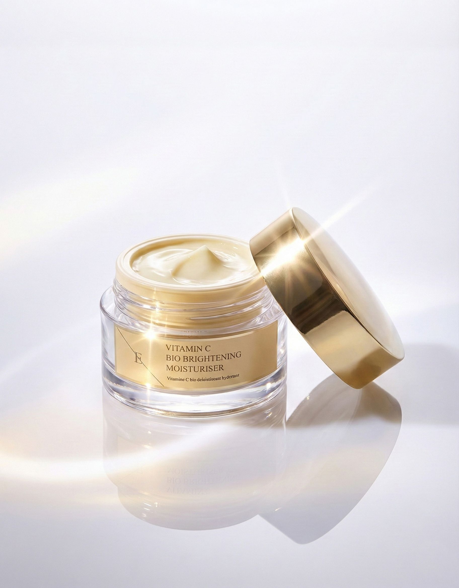 Pot en verre ouvert avec couvercle doré. Étiquette avec texte: Vitamin C Bio Brightening Moisturiser. Marque: E.