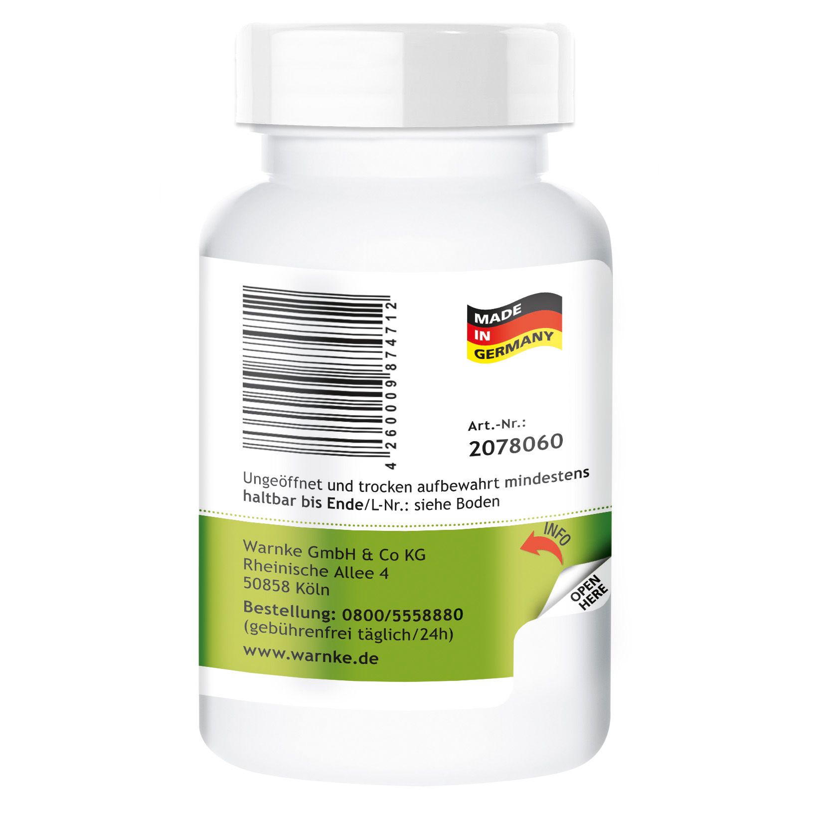 Achterkant van de tablettenfles. Zegel "Made in Germany". Artikelnummer. Warnke GmbH & Co KG. Houdbaarheid. Info-etiket.