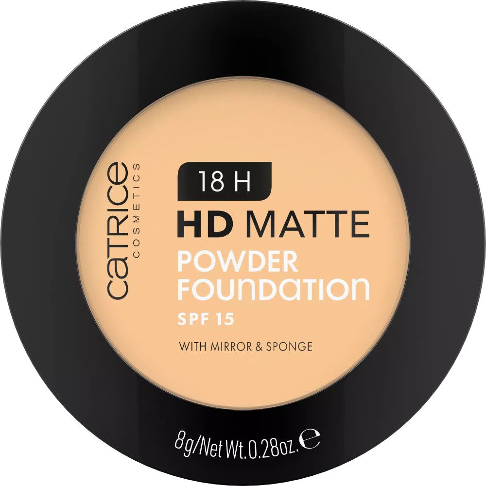 Poudre compacte. Emballage noir. Texte: 18 H HD Matte Powder Foundation, SPF 15, avec miroir et éponge.