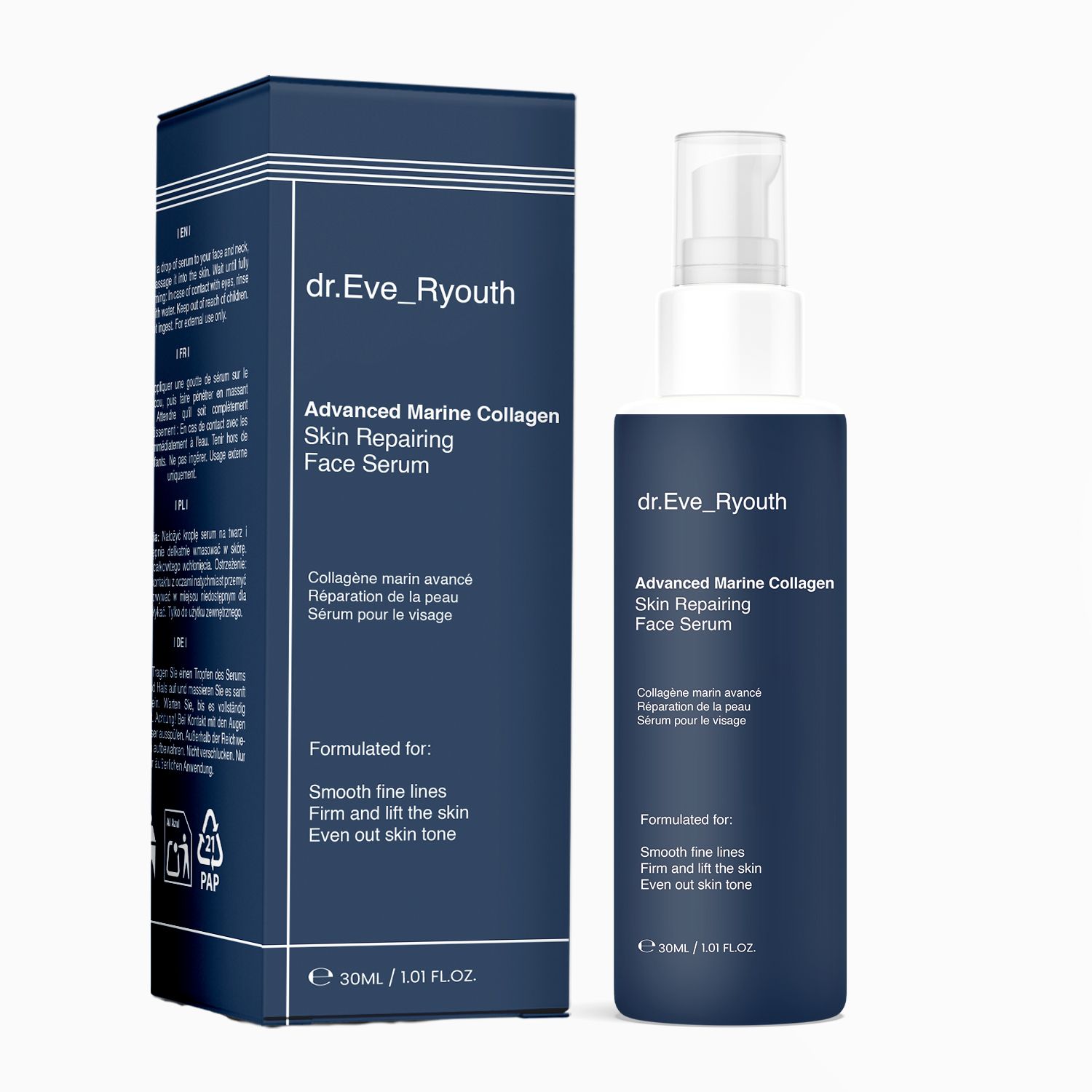 Donkerblauwe fles met witte pomp en doos. Opschrift: "dr.Eve_Ryouth", "Advanced Marine Collagen Skin Repairing Face Serum".