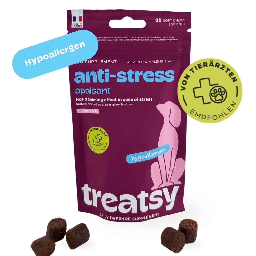 Sachet de complément alimentaire anti-stress pour chiens. Hypoallergénique. Recommandé par les vétérinaires.