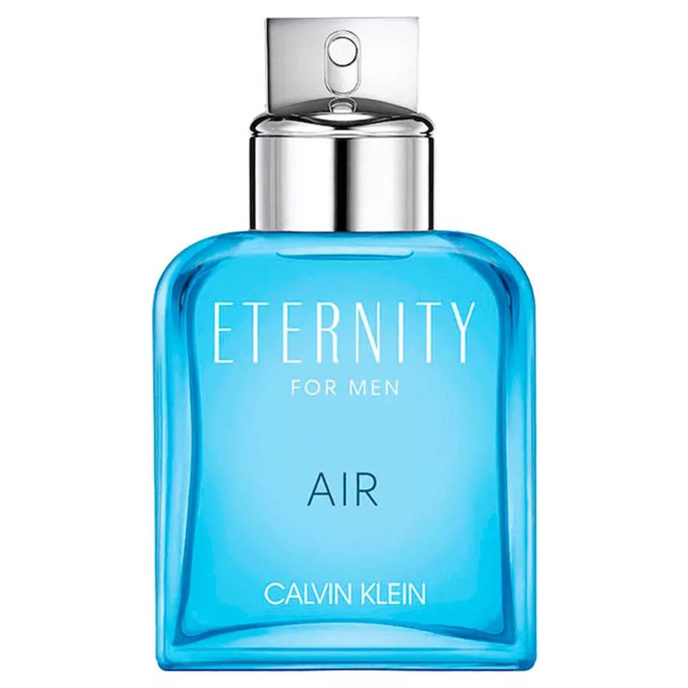Flacon de parfum bleu clair avec bouchon argenté. Inscription : Eternity For Men Air, Calvin Klein.