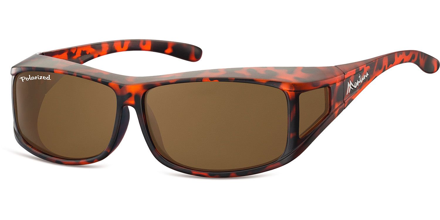 Lunettes de soleil enveloppantes marron et motif écaille. Marque 'Montana' sur la branche.