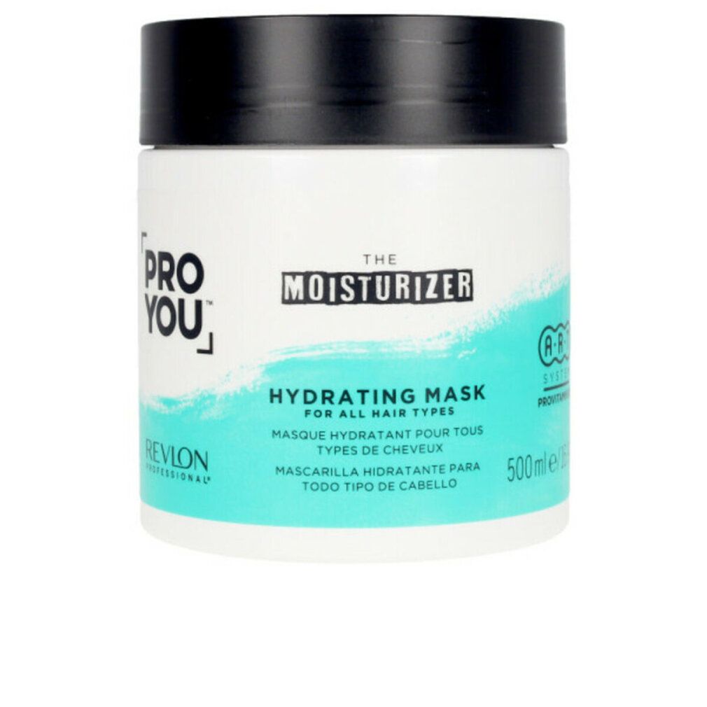 Pot blanc, couvercle noir. Inscription: PRO YOU, THE MOISTURIZER, HYDRATING MASK. Fond turquoise. 500ml.