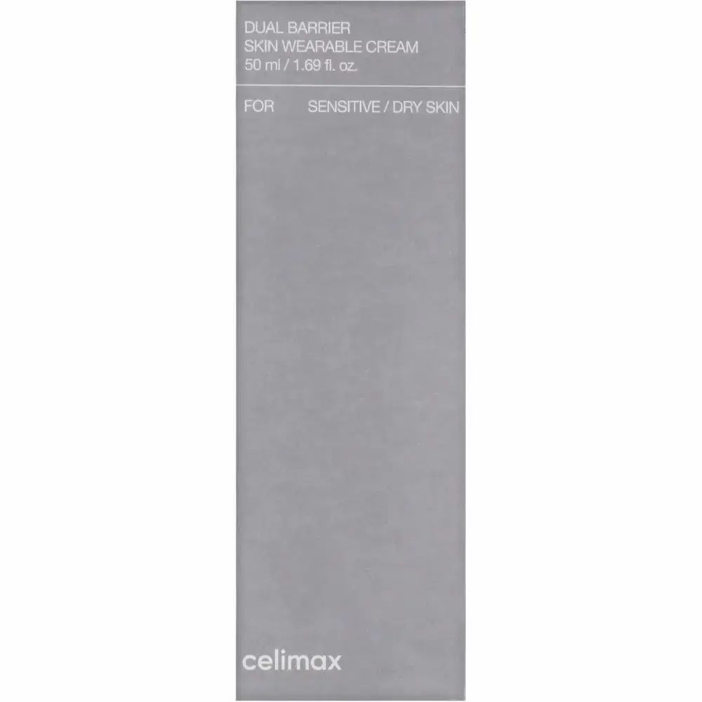 Emballage gris avec texte blanc. Inscription : Dual Barrier Skin Wearable Cream. Pour peaux sensibles/sèches. celimax.