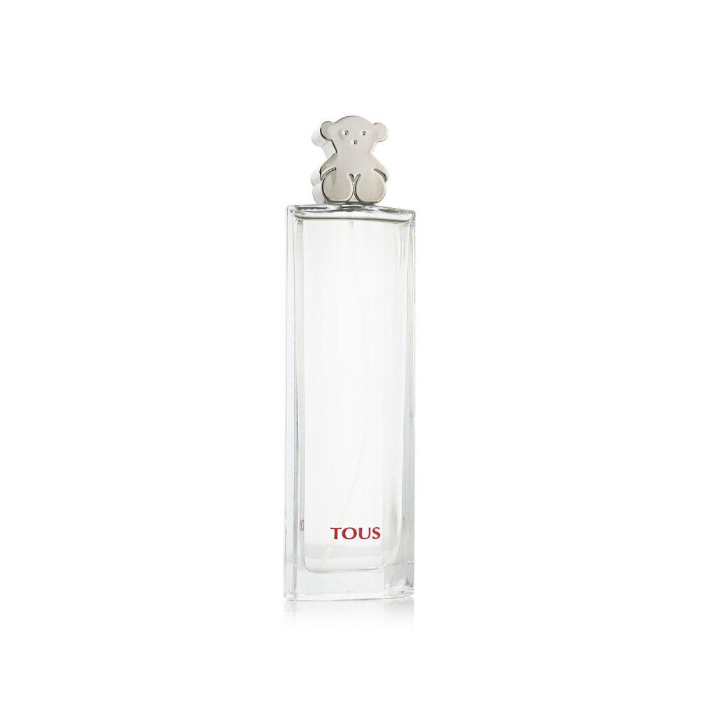Flacon transparent avec bouchon ours argenté. Inscription: TOUS. Forme rectangulaire.