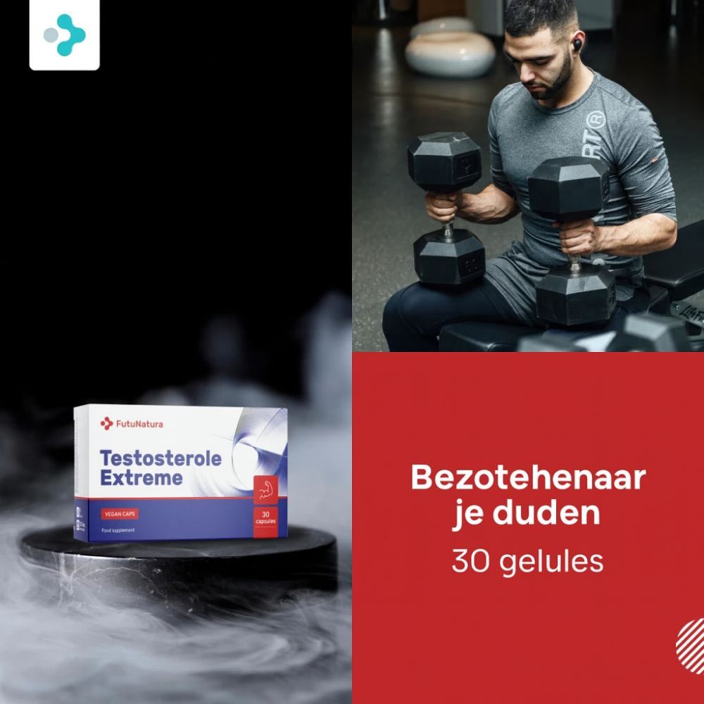 FutuNatura Testosterole Extreme, 30 capsules. Productverpakking op voetstuk, man traint met dumbbells. Achtergrond: zwart en rood.