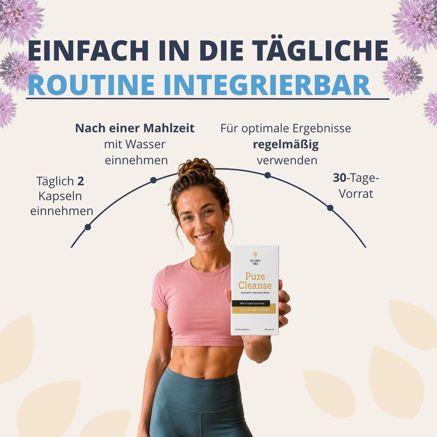 Femme tenant l'emballage Golden Tree Pure Cleanse, intégrable dans la routine quotidienne.