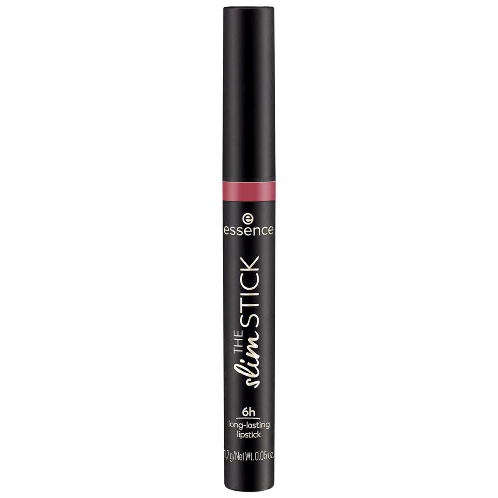 Rouge à lèvres Essence The Slim Stick. Étui noir, rouge à lèvres rose. Inscription: 6h long-lasting lipstick, Net Wt. 0.05 oz.