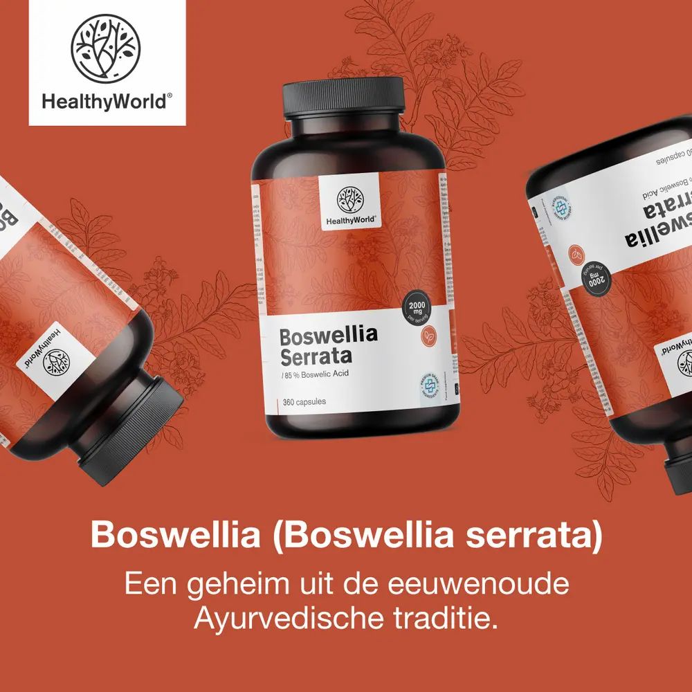 Productfles met capsules. Tekst: Boswellia (Boswellia serrata), 85% boswelliazuur. Merk: HealthyWorld.