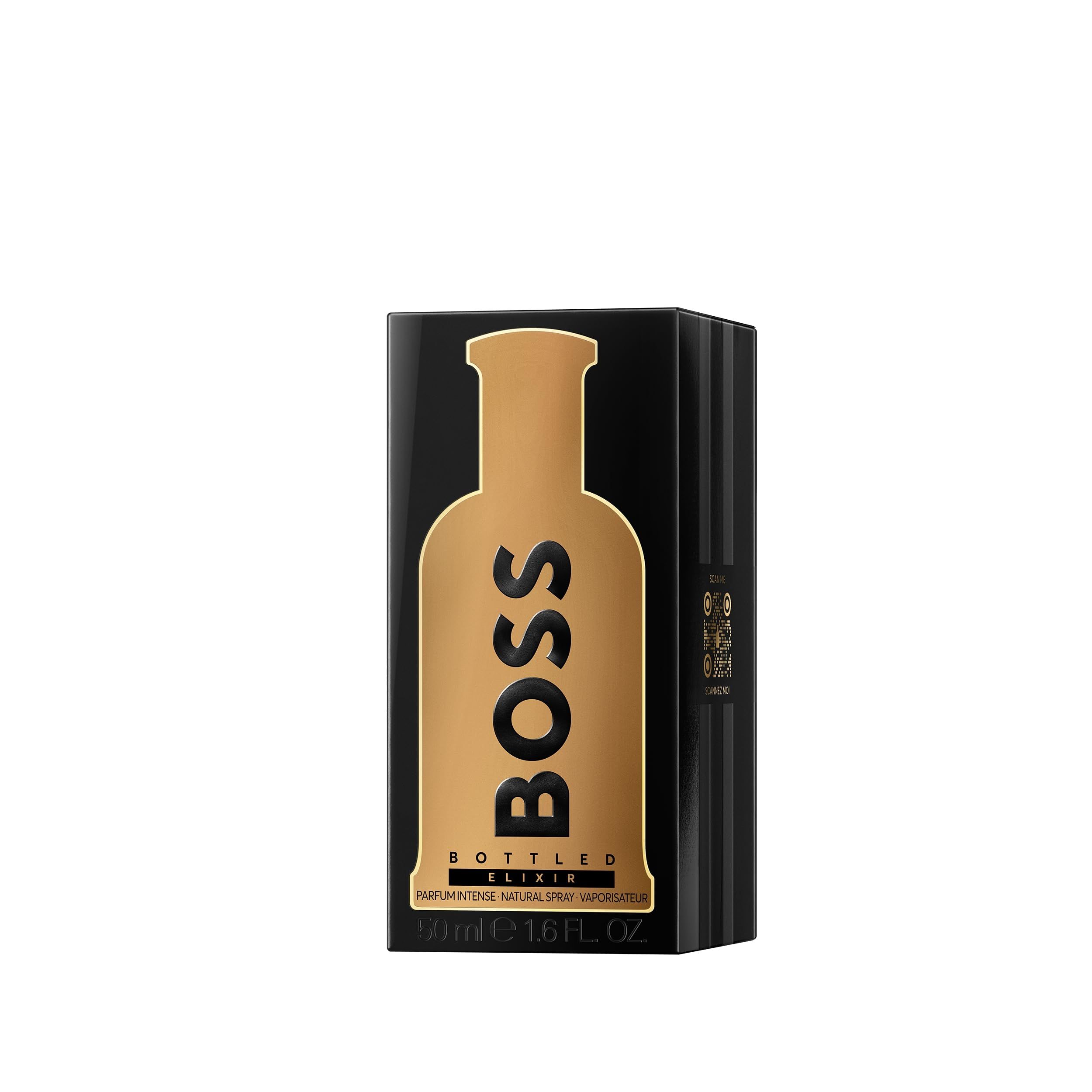 Zwarte verpakking met gouden fles-design, "BOSS BOTTLED ELIXIR" en 50ml aanduiding.