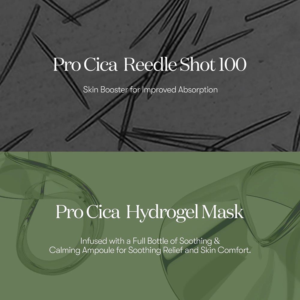 Twee gebieden met tekst. Boven: Pro Cica Reedle Shot 100. Onder: Pro Cica Hydrogel Maske. Achtergrond: Grijs en groen.