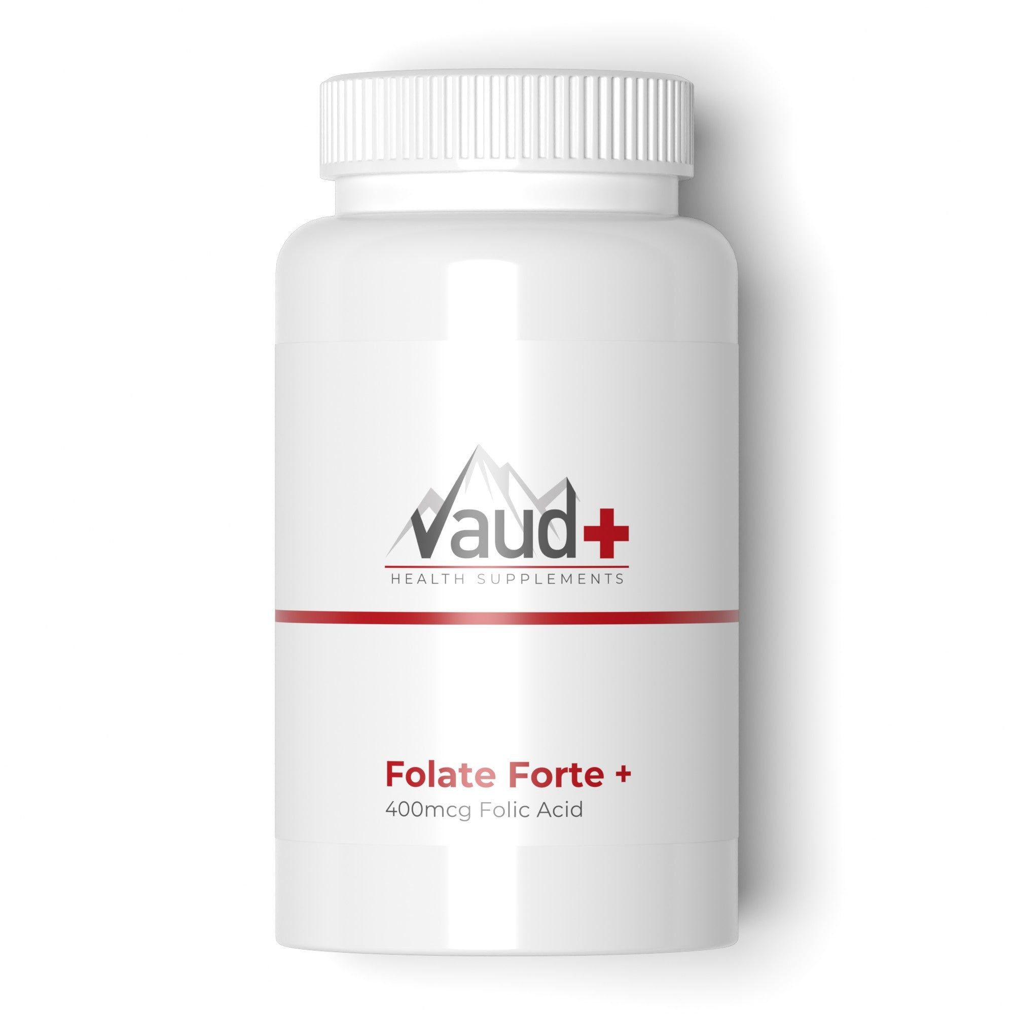 Flacon blanc avec lettrage rouge et noir. Logo "Vaud+" et texte "Folate Forte + 400mcg Folic Acid" visibles.