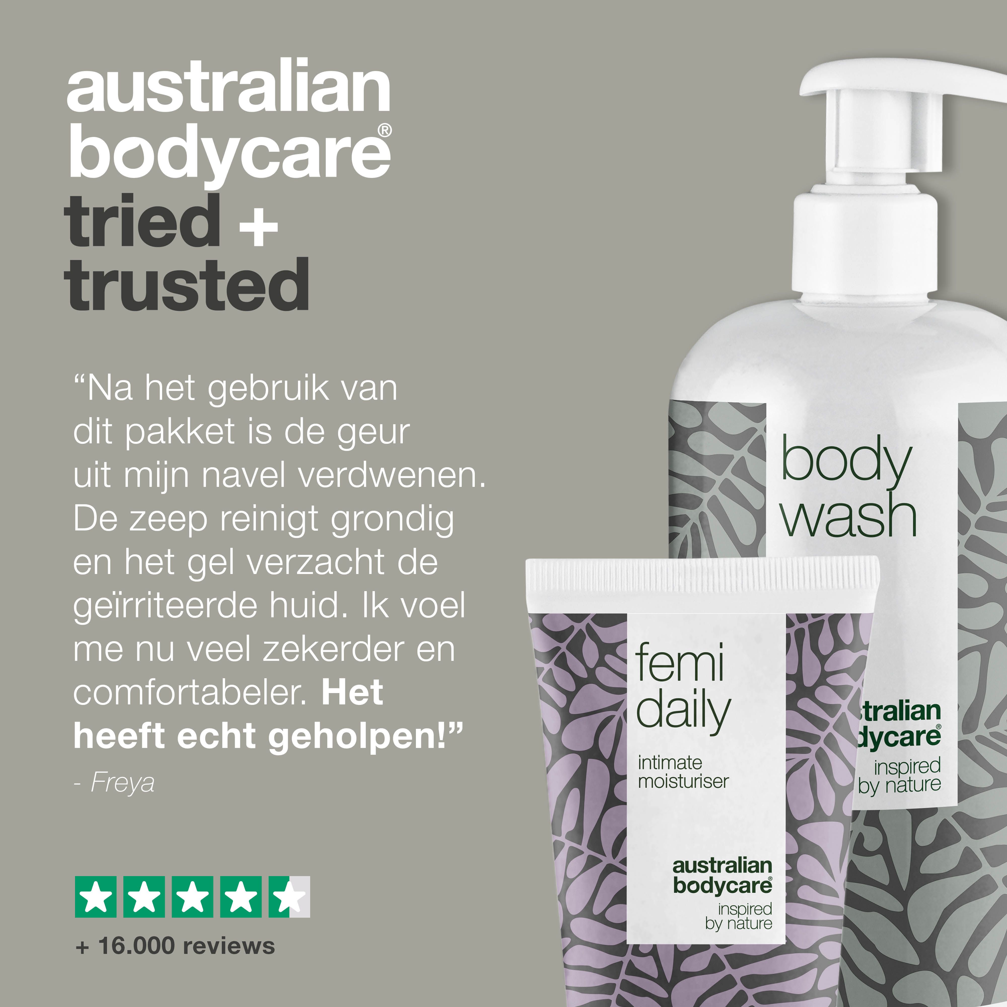 Body wash en intieme moisturizer. Tekst: 'Tried + trusted'. Citaat en beoordelingen.