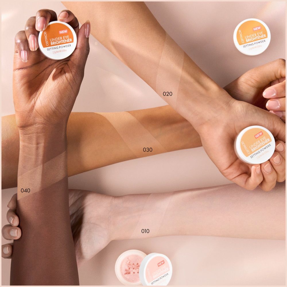 Plusieurs bras de différentes couleurs de peau. De la poudre est appliquée sur chaque bras. De petits boîtiers de poudre sont sur les poignets.