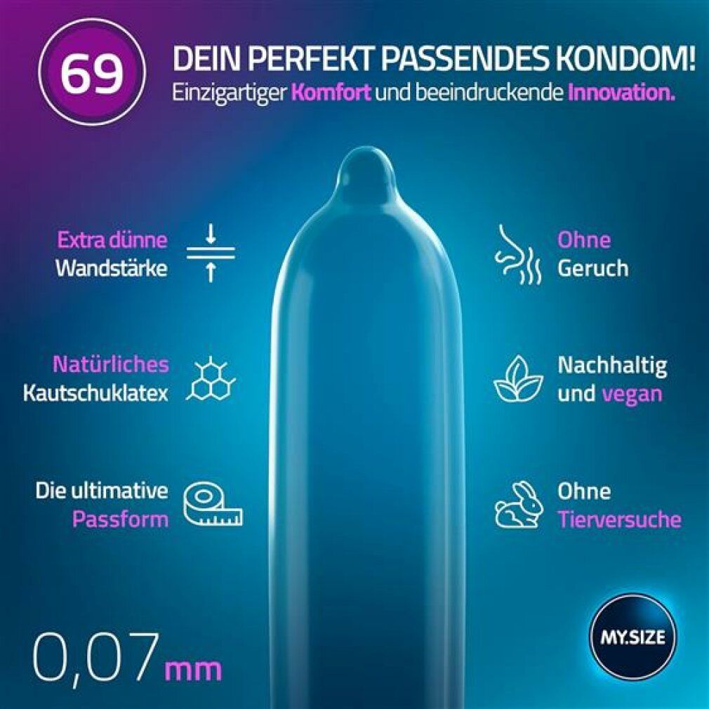 Een My.Size Pro condoom, maat 69 mm. Dun, latex, geurloos, duurzaam en vegan.