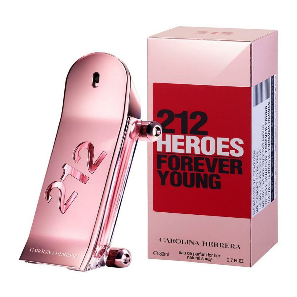 Roze fles en verpakking. Opschrift "212 Heroes Forever Young" en "Carolina Herrera".