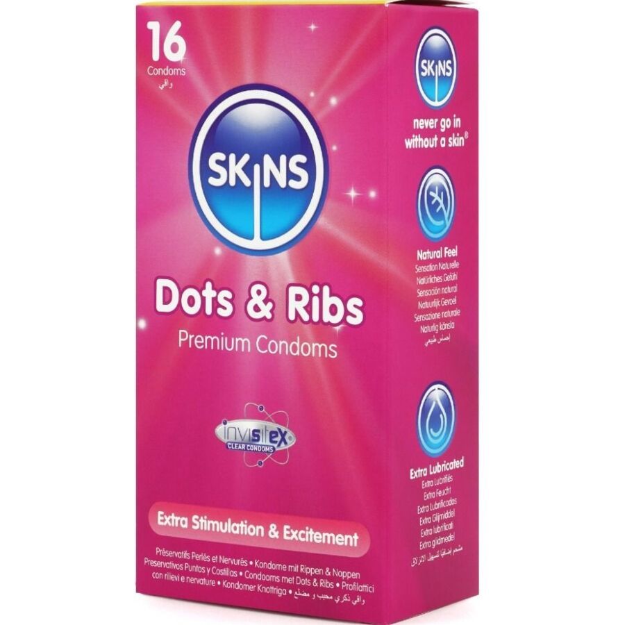 Roze verpakking van SKINS Dots & Ribs condooms, 16 stuks. Tekst en logo's zichtbaar.